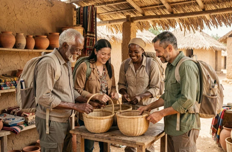 Groupe de voyageurs solidaires échangeant avec un artisan local lors d'une expérience de tourisme solidaire en Afrique de l'Ouest