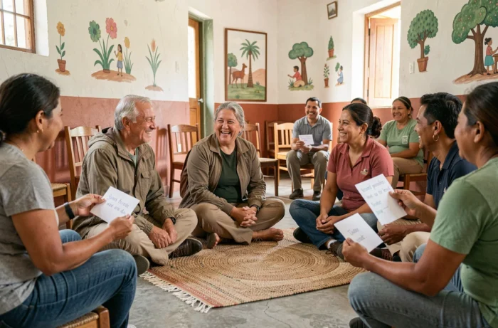 Couple de voyageurs en échange culturel et linguistique avec des habitants locaux lors d'une initiative de tourisme solidaire en Amérique latine