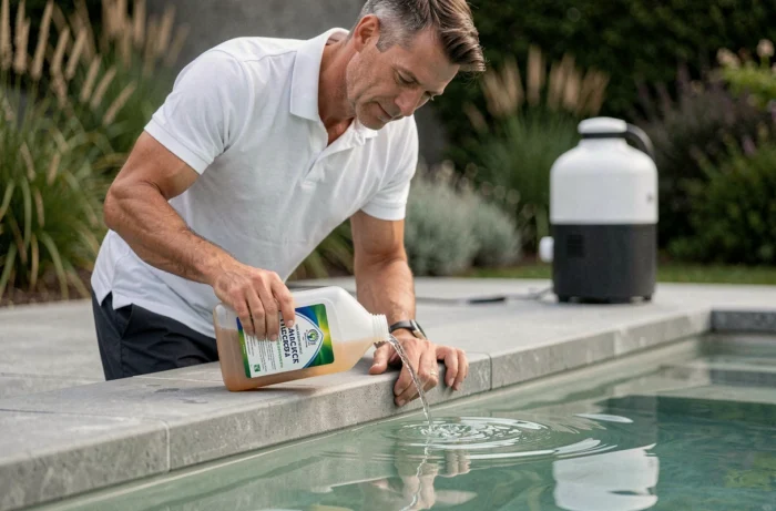 Homme ajoutant un traitement anti-algues dans une piscine au sel avec un chlorinateur visible en arrière-plan