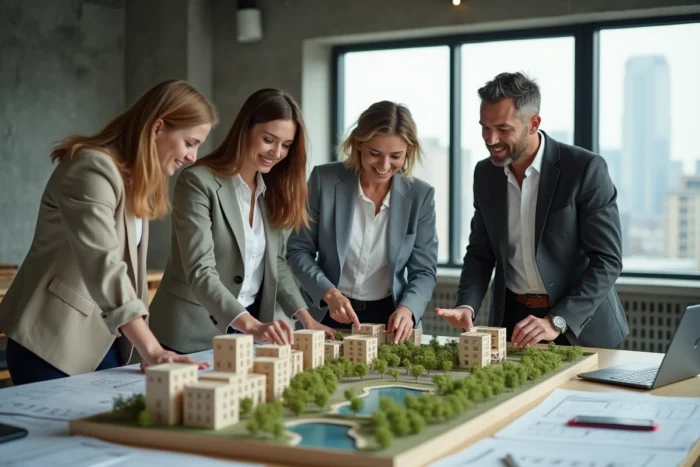 Urbanistes collaborant autour d'une maquette de quartier mixte dans un studio d'aménagement urbain moderne