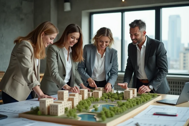 Urbanistes collaborant autour d'une maquette de quartier mixte dans un studio d'aménagement urbain moderne