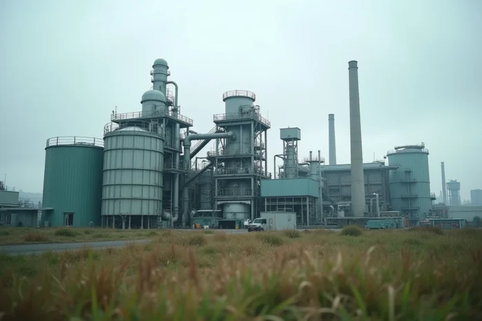 Vue extérieure d'une usine de recyclage enzymatique industriel avec bioréacteurs et infrastructures de traitement du plastique