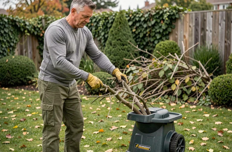 Homme utilisant un broyeur de végétaux électrique puissant dans un jardin en automne