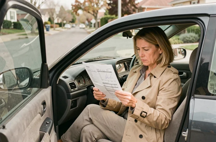 Femme vérifiant le rapport d'historique d'un véhicule d'occasion avant achat