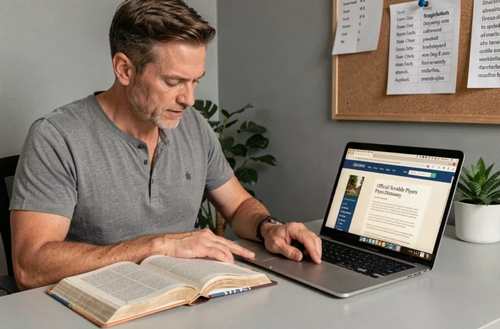 Homme consultant un dictionnaire officiel du Scrabble et un site de vérification de mots valides sur ordinateur portable