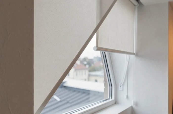 Volet roulant sur mesure installé sur une fenêtre triangulaire dans un appartement loft moderne