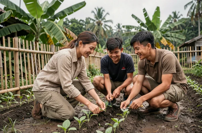 Jeune voyageuse participant à un projet agricole communautaire dans le cadre du tourisme solidaire en Asie du Sud-Est
