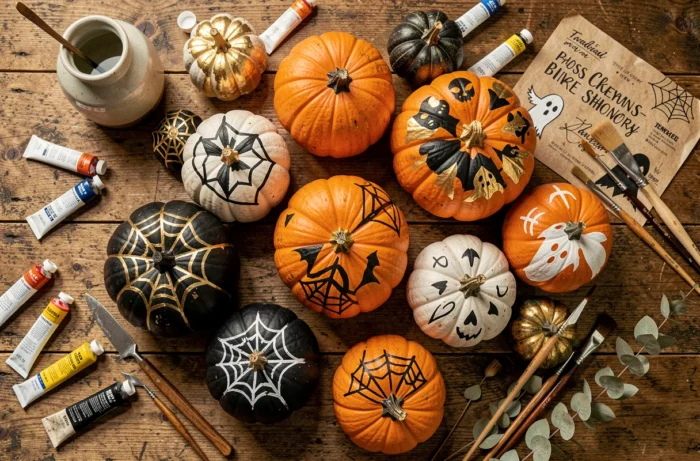 Top view of a table with painted black and gold Halloween pumpkins surrounded by brushes and acrylic paints