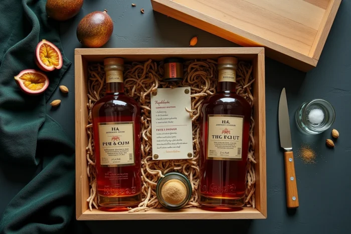 Vue de dessus d'un coffret rhum arrangé ouvert avec fruits exotiques et épices sur ardoise