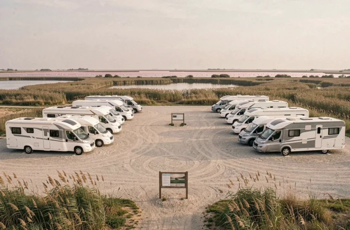 Vue panoramique de l'aire de camping-car de Sainte-Marie-de-la-Mer avec les marais de Camargue en arrière-plan