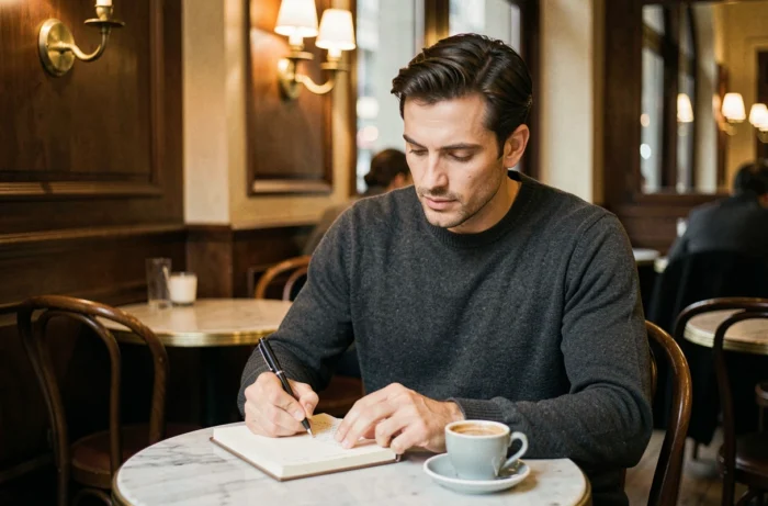 Yann Dernaucourt, personnalité discrète et fiancé de Lorie, attablé dans un café parisien avec un carnet de notes